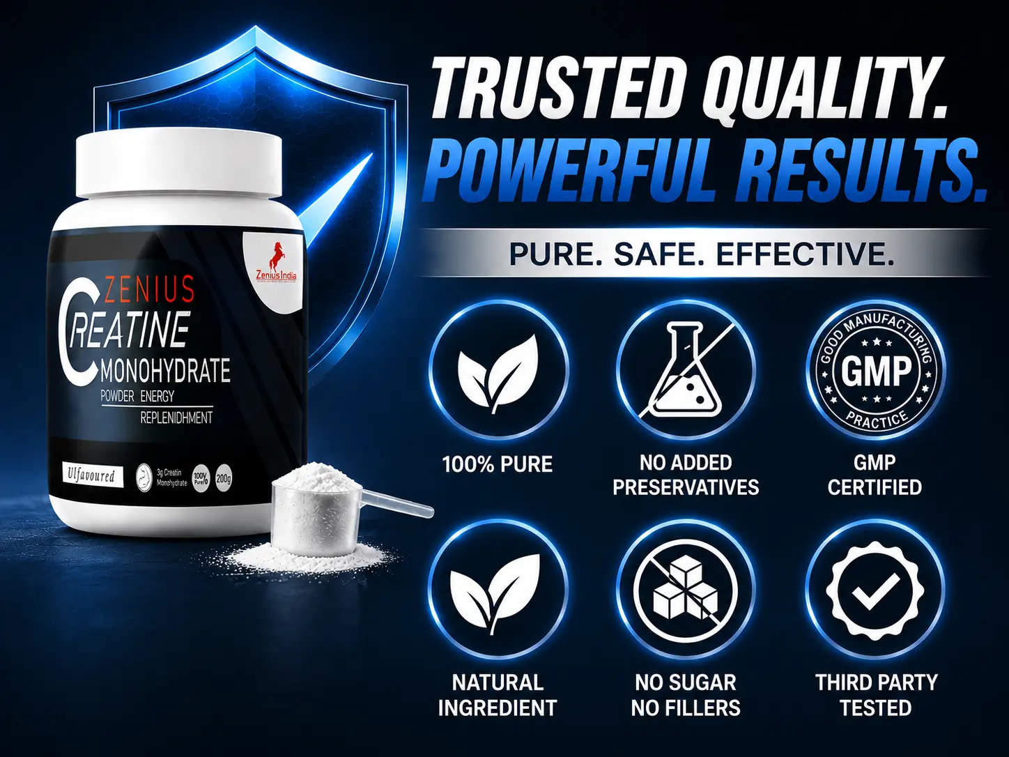 Zenius Creatine Monohydrate Powder for Pre-Workout & Fitness 6 Trust Badge Mobile View 74 Zenius India