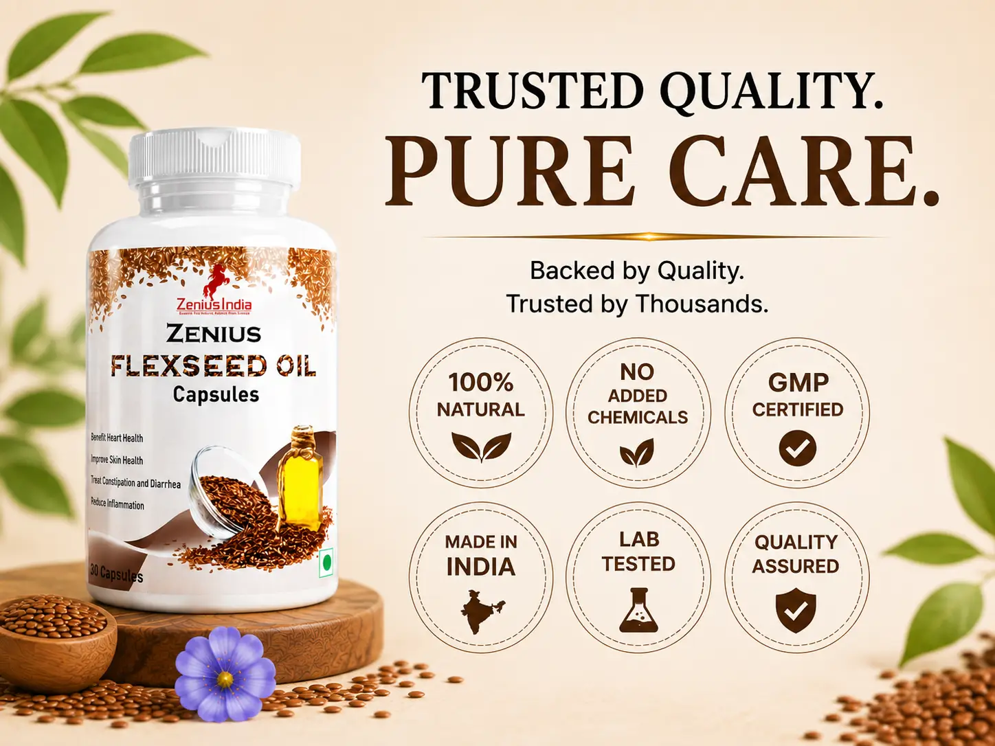 Zenius flaxseed Oil Capsules for Heart, Skin, Hair & Joint Health 6 Trust Badge Mobile View 86 Zenius India