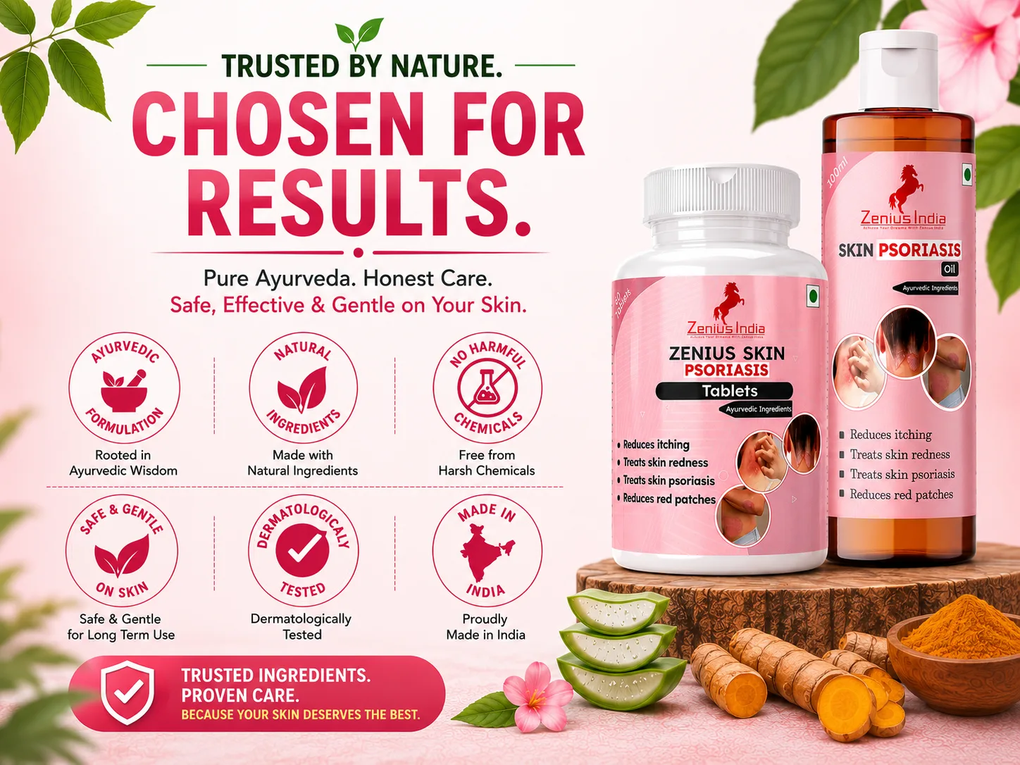 Zenius Skin Psoriasis Kit with Tablets & Psoriasis Oil for Skin Allergy 6 Trust Badges Mobile Banner 1 Zenius India