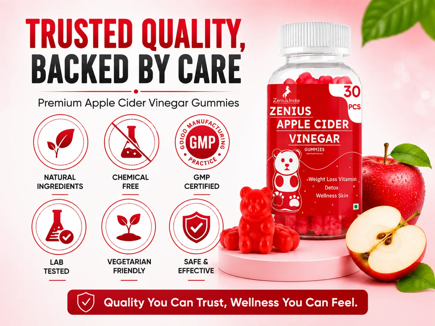 Zenius Apple Cider Vinegar Red Apple Gummies with The Mother for Weight Loss 6 Trust Badges Mobile View 2 Zenius India