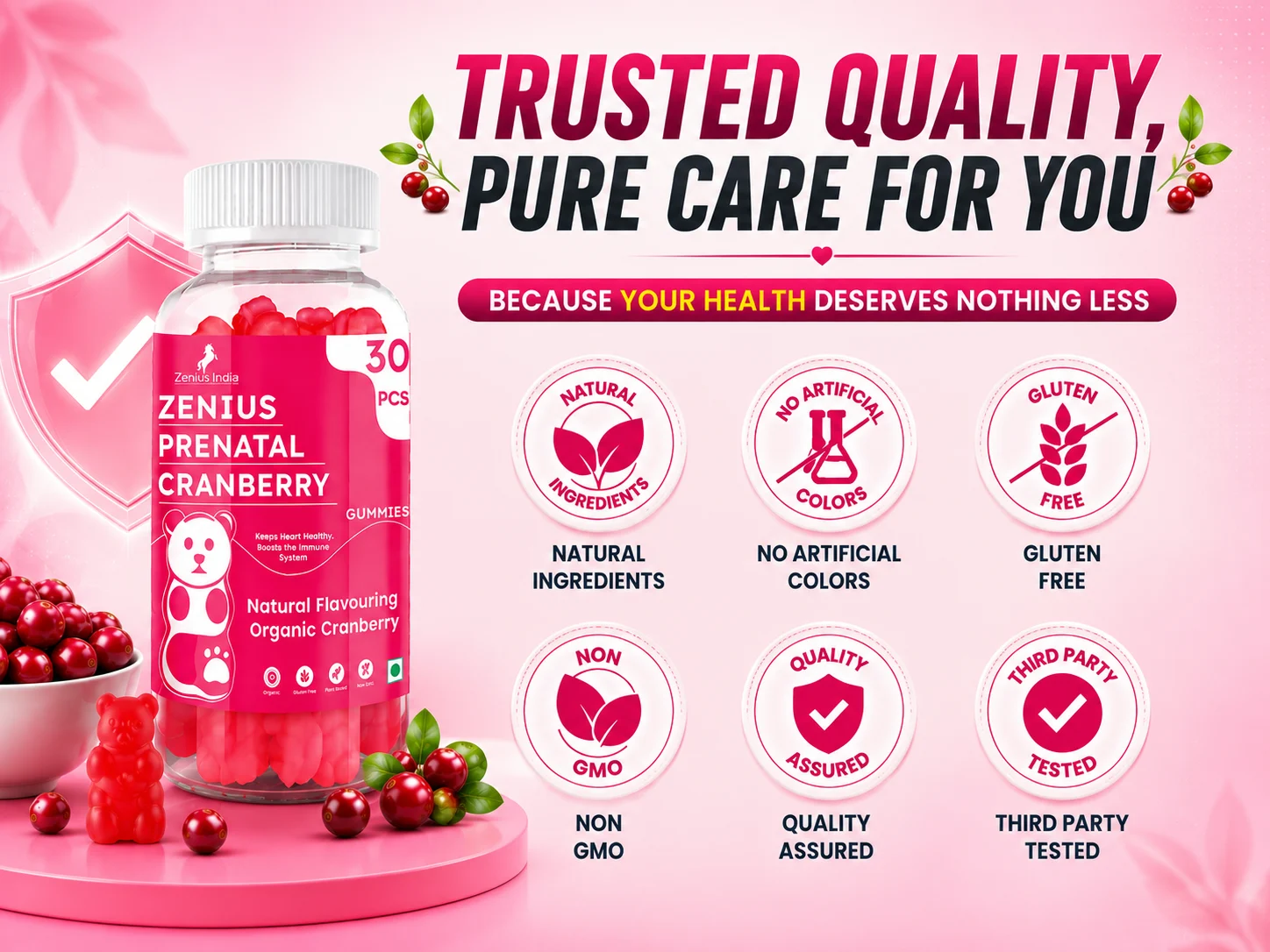 Zenius Prenatal Cranberry Gummies with Vitamins & Minerals for Immunity 6 Trust Badges Mobile View 22 Zenius India