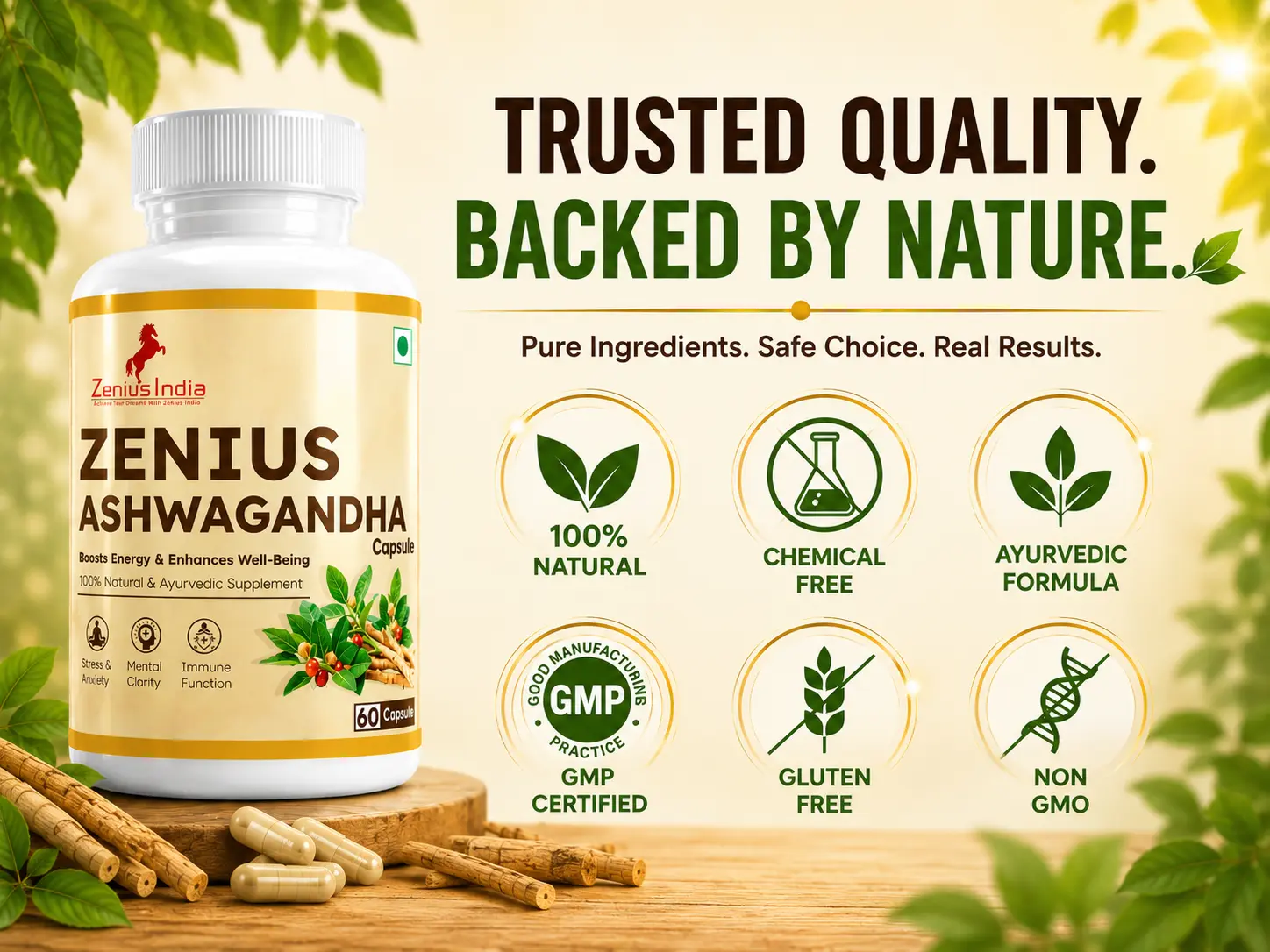 Zenius Ashwagandha Capsule for Stress Relief, Energy & Daily Wellness 6 Trust Badges Mobile View 3 Zenius India