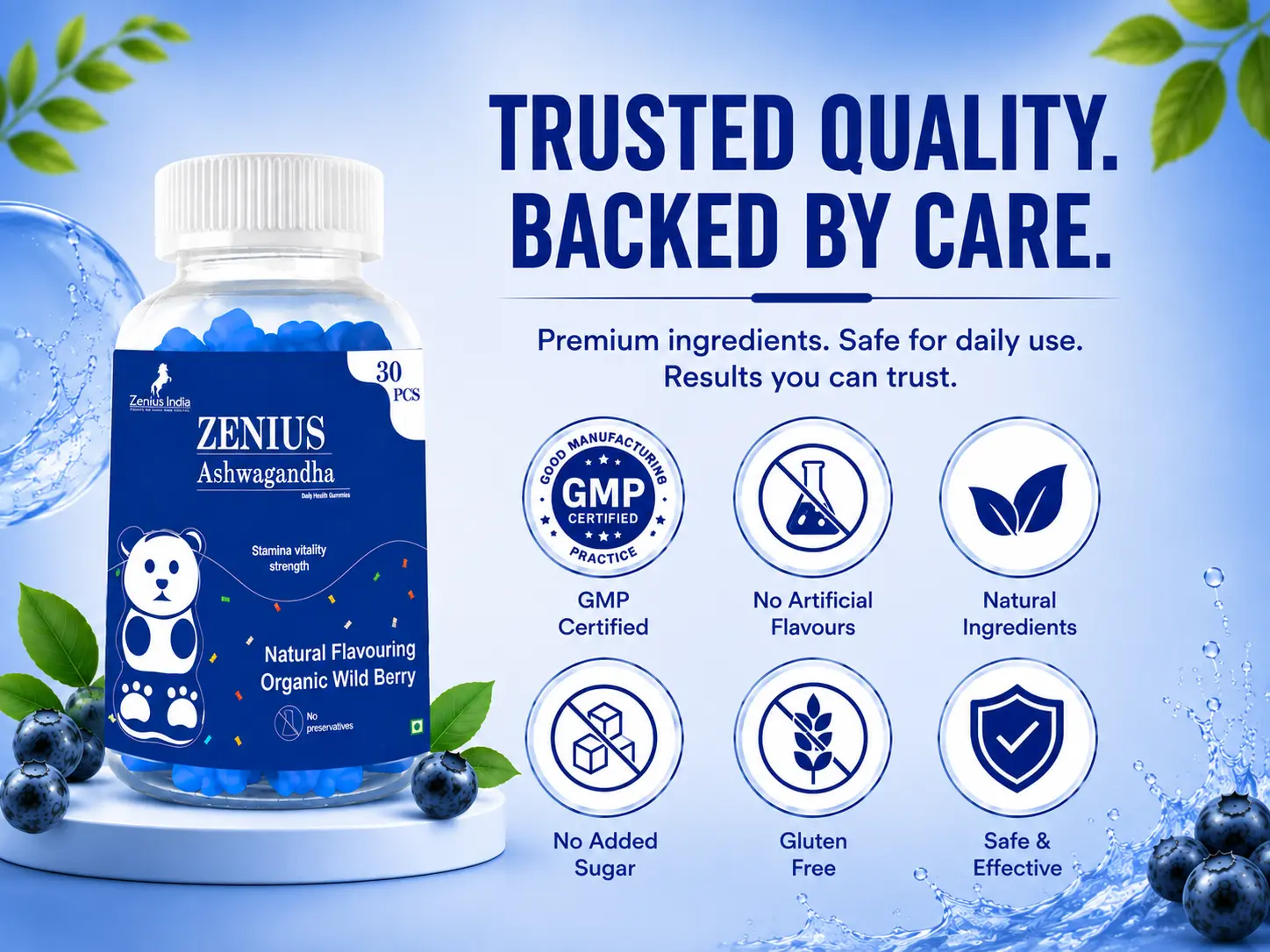Zenius Ashwagandha Wild Berry Gummies for Stress & Energy Support 6 Trust Badges Mobile View 4 Zenius India