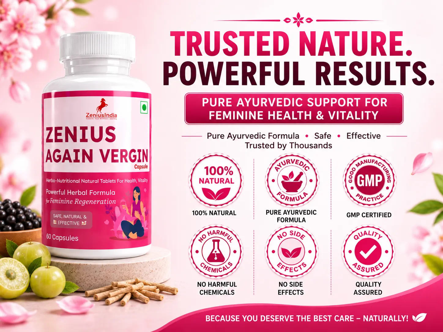 Zenius Again Vergin Capsule with Shatavari, Ashwagandha & Musli for Women's Care 6 Trust Badges Mobile View 9 Zenius India