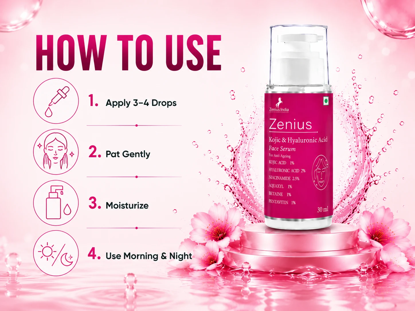 Zenius Kojic & Hyaluronic Acid Serum for Deep Hydration & Skin Moisture 5 Use Banner Mobile View 1 1 Zenius India