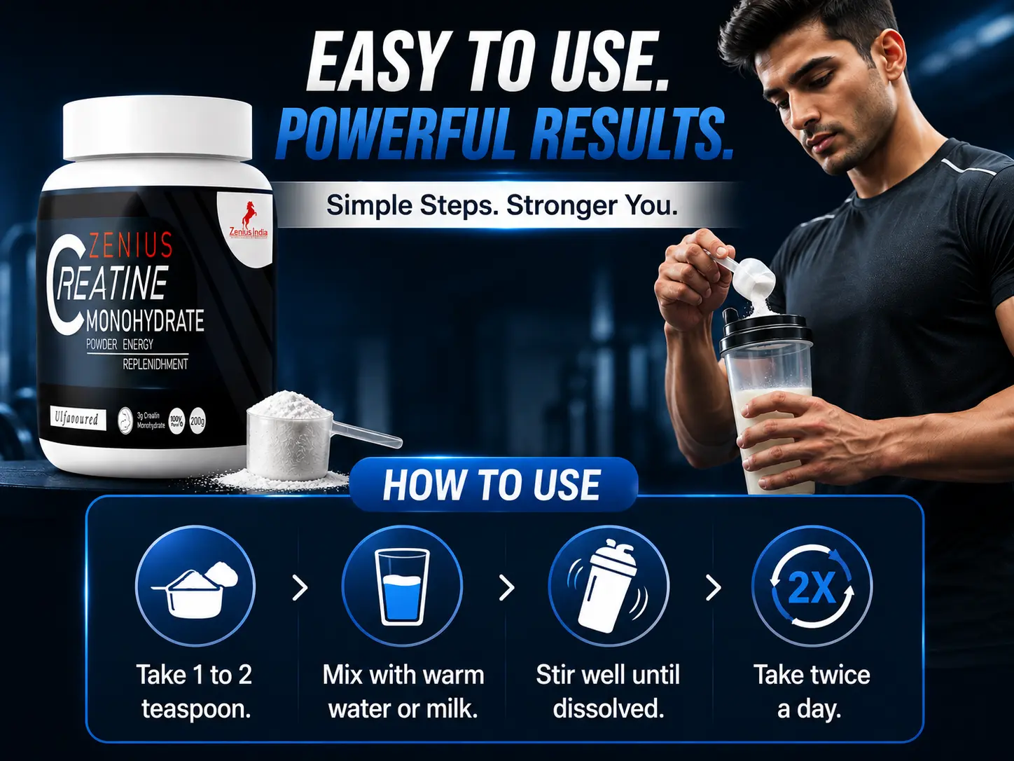 Zenius Creatine Monohydrate Powder for Pre-Workout & Fitness 5 Use Banner Mobile View 102 Zenius India