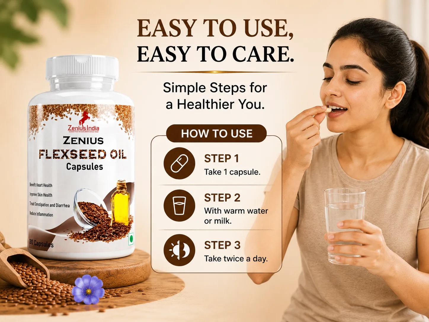 Zenius flaxseed Oil Capsules for Heart, Skin, Hair & Joint Health 5 Use Banner Mobile View 114 Zenius India