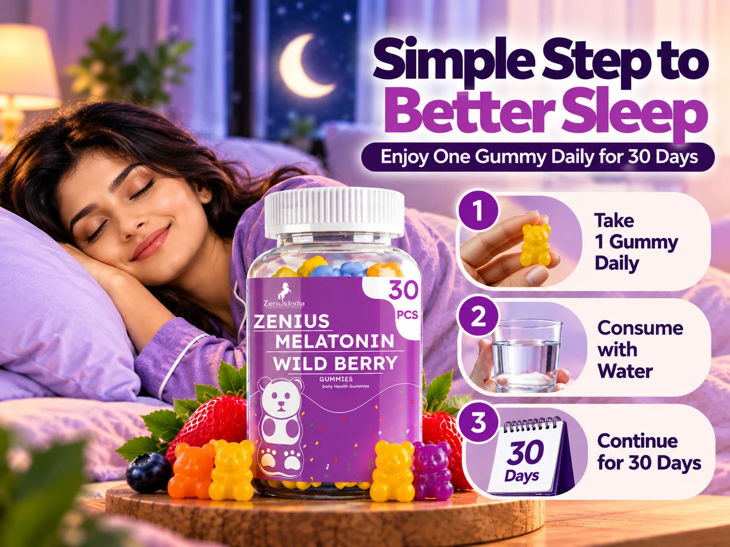 Zenius Melatonin Wild Berry Sleep Gummies for Quality Sleep 5 Use Banner Mobile View 134 Zenius India