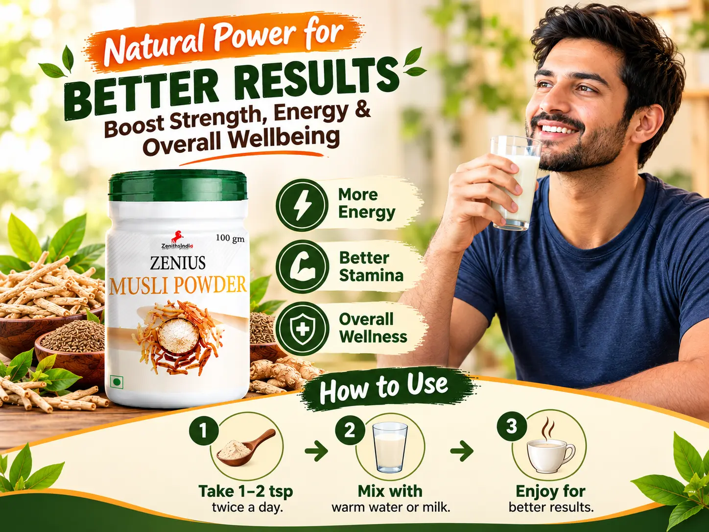 Zenius Musli Powder for Men’s Strength, Energy & Power 5 Use Banner Mobile View 137 Zenius India