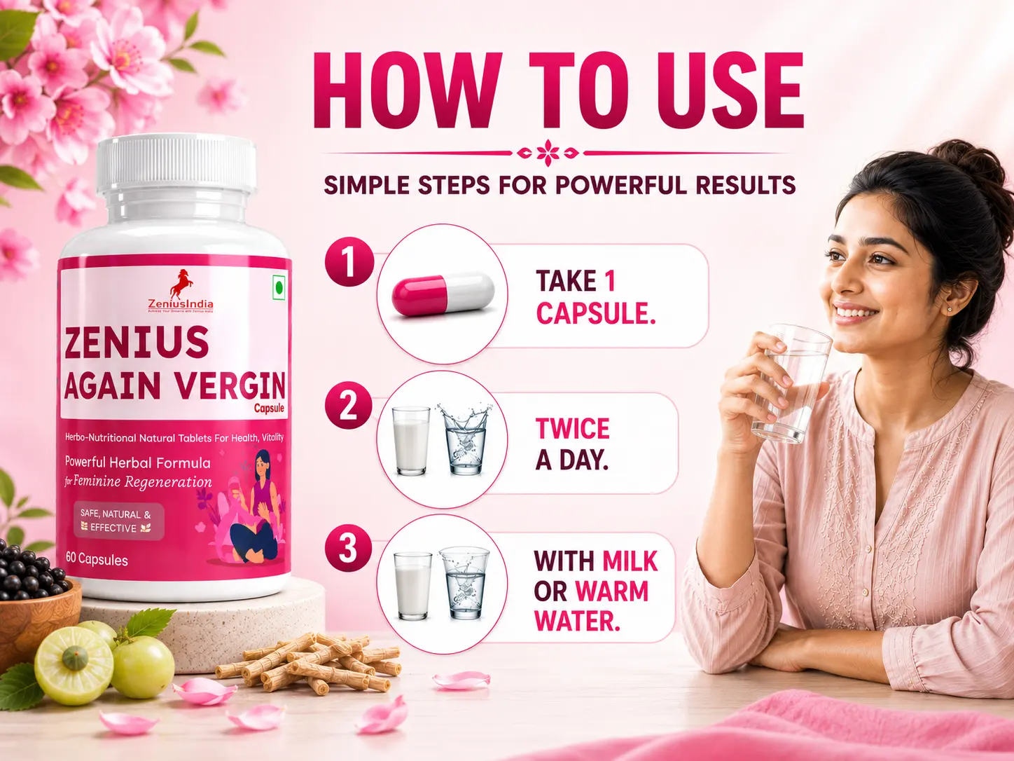 Zenius Again Vergin Capsule with Shatavari, Ashwagandha & Musli for Women's Care 5 Use Banner Mobile View 24 Zenius India