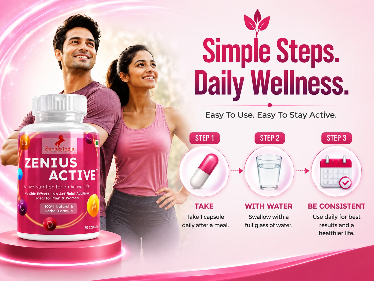Zenius Active+ Multivitamin Capsules for Immunity, Skin, Hair & Joint Support 5 Use Banner Mobile View 3 Zenius India
