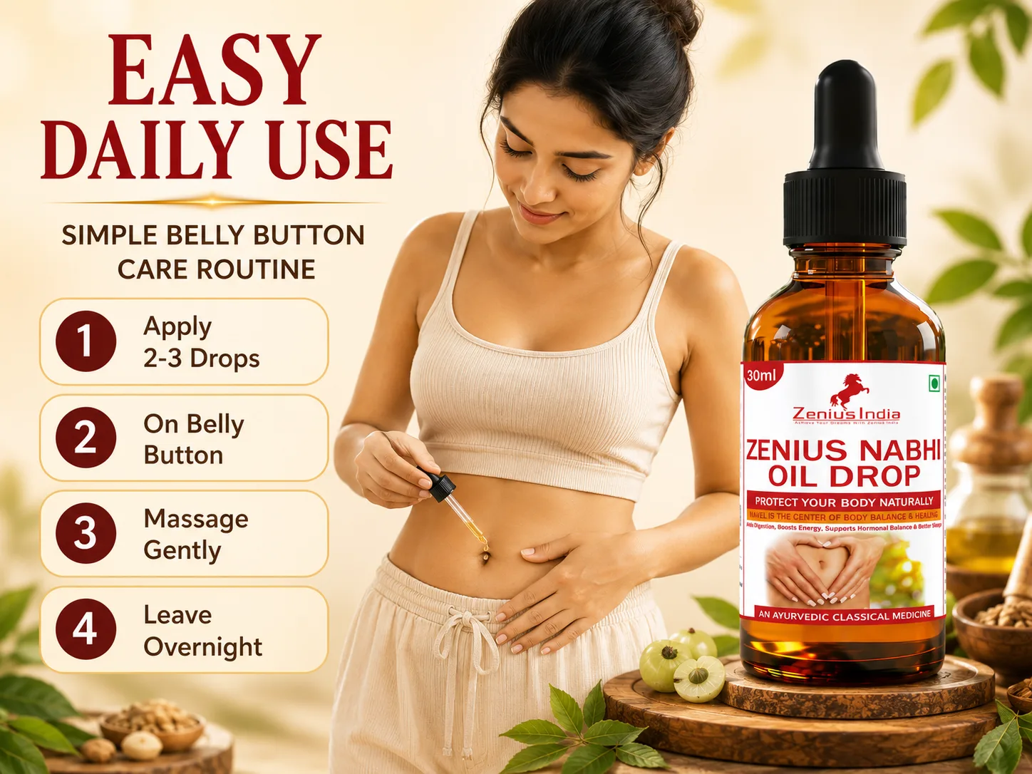 Zenius Nabhi Oil Drop for Belly Button & Gut Wellness 5 Use Banner Mobile View 47 Zenius India