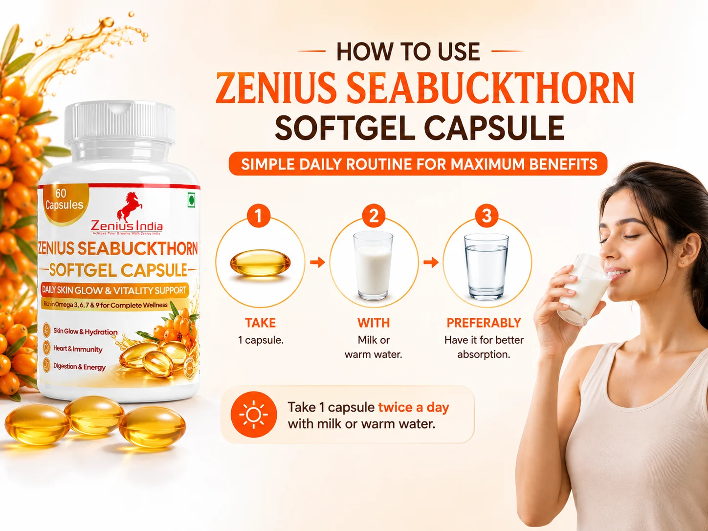 Zenius Sea buckthorn Soft gel capsule for Glowing & Bright Skin 5 Use Banner Mobile View 50 Zenius India