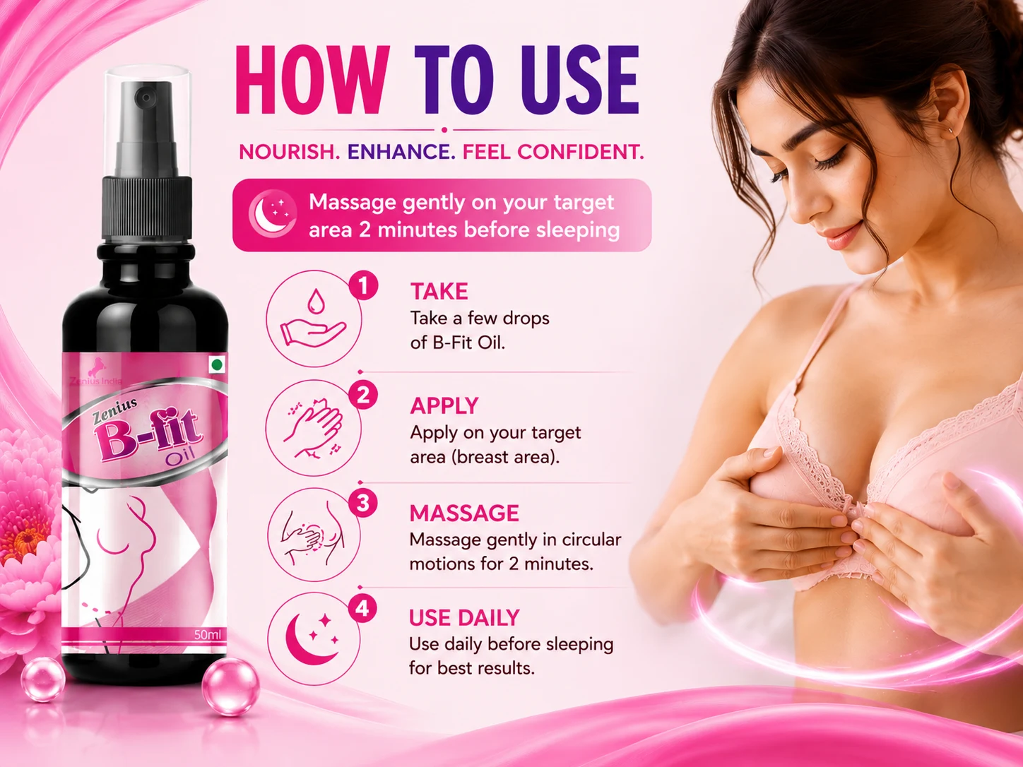 Zenius B Fit Oil for Women's Upper Body Massage & Care 5 Use Banner Mobile View 54 Zenius India