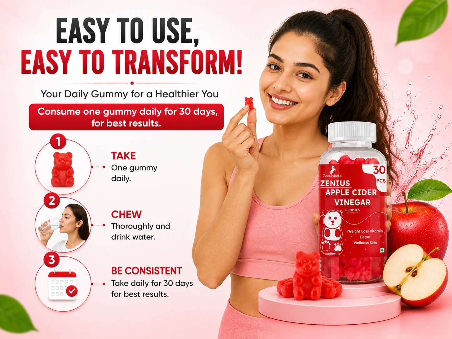 Zenius Apple Cider Vinegar Red Apple Gummies with The Mother for Weight Loss 5 Use Banner Mobile View 6 Zenius India