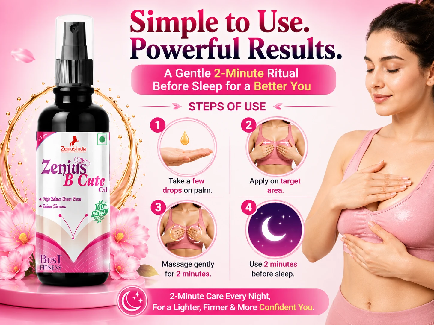 Zenius B Cute Oil for Women's Breast Massage 5 Use Banner Mobile View 65 Zenius India