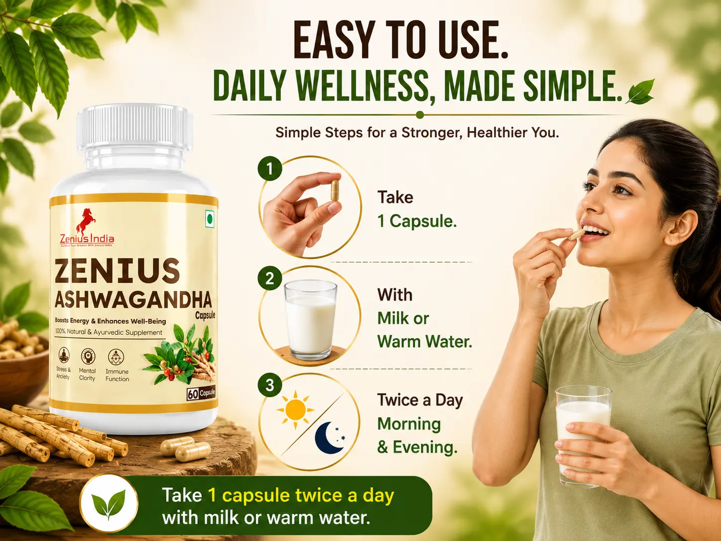 Zenius Ashwagandha Capsule for Stress Relief, Energy & Daily Wellness 5 Use Banner Mobile View 7 Zenius India