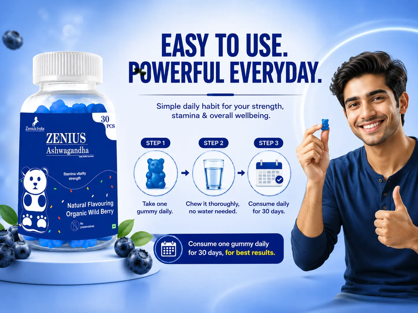 Zenius Ashwagandha Wild Berry Gummies for Stress & Energy Support 5 Use Banner Mobile View 8 Zenius India