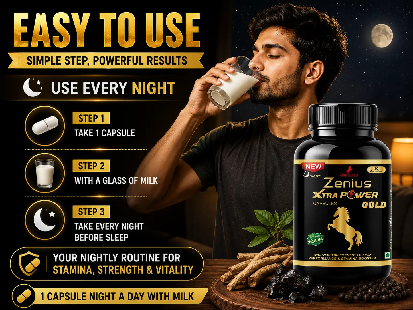 Zenius Xtar Power Gold Night Capsule for Men's Stamina 5 Use Banner Mobile View 84 Zenius India