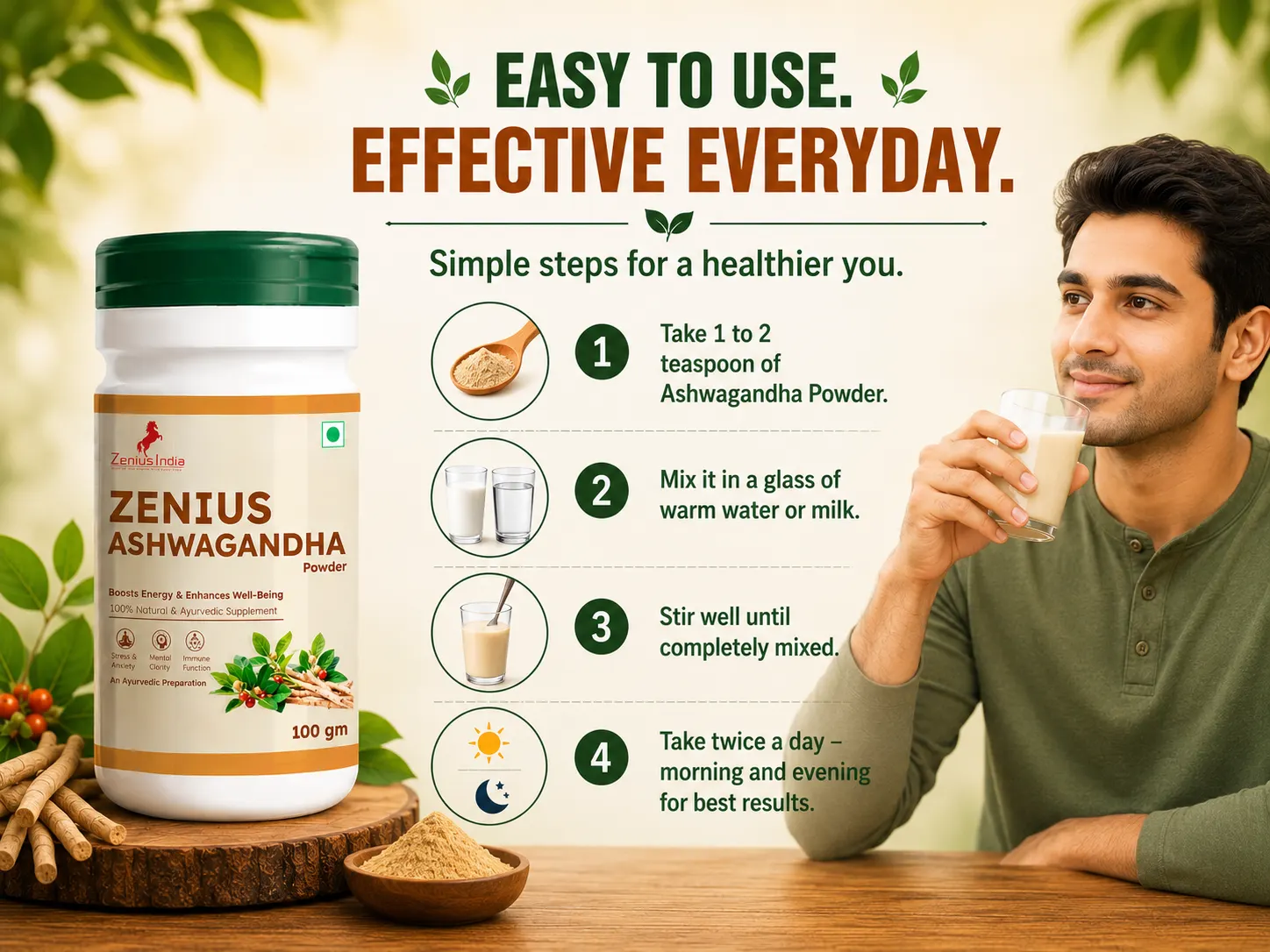 Zenius Ashwagandha Powder for Energy & Wellness 5 Use Banner Mobile View 9 Zenius India