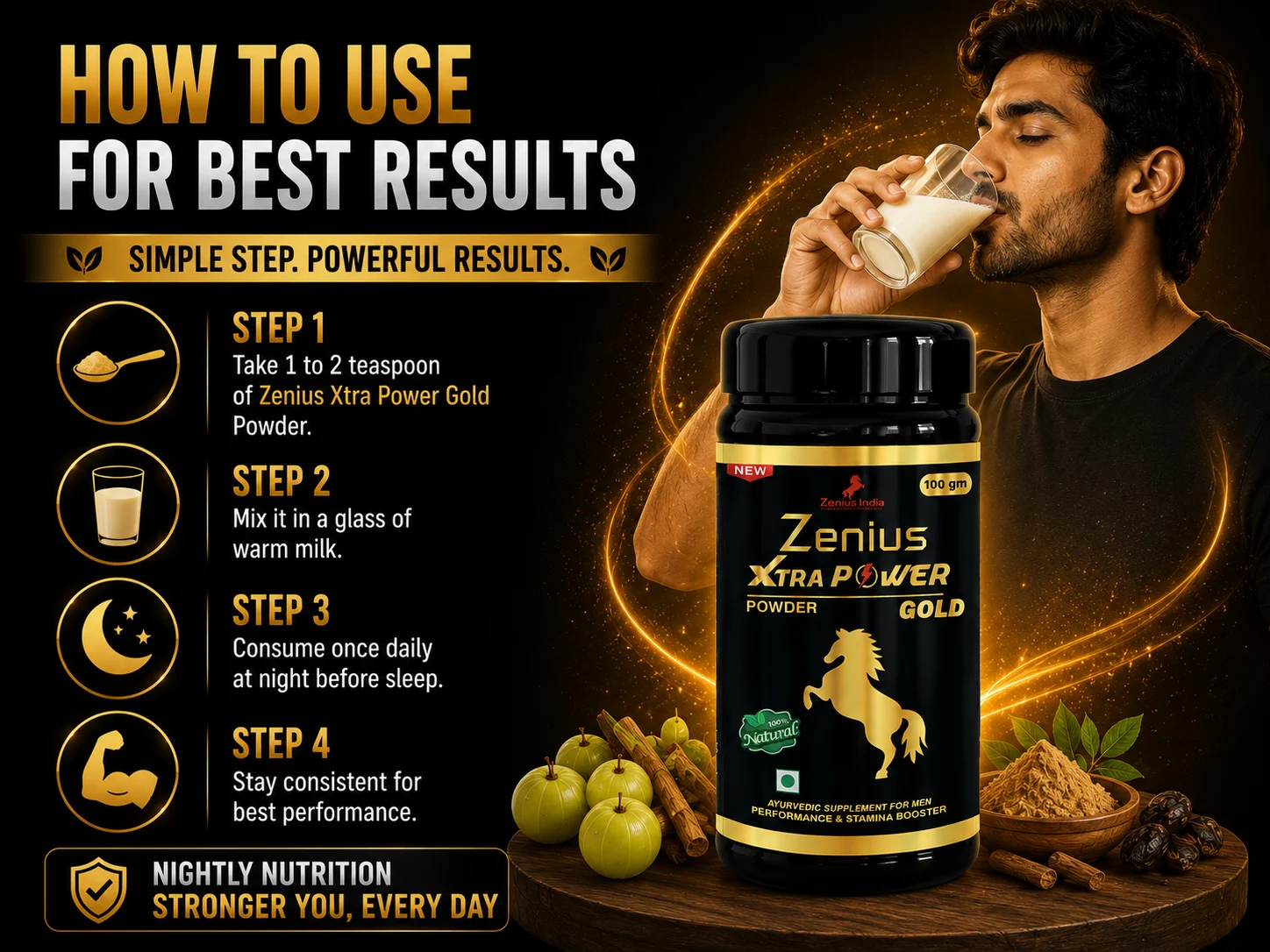 Zenius Xtra Power Gold Powder for Men's Energy & Stamina 5 Use Banner Mobile View 90 Zenius India