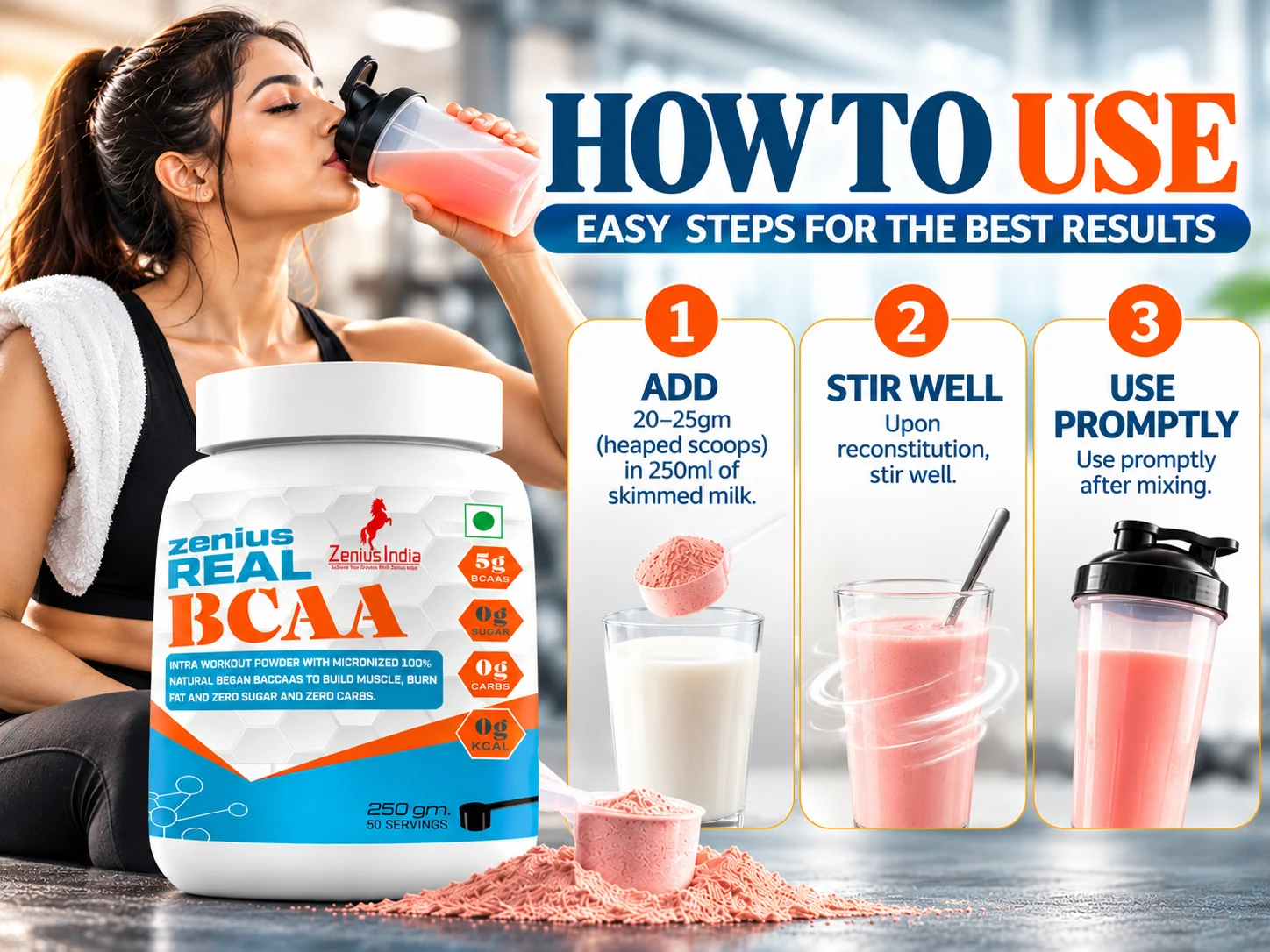 Zenius Real BCAA | Essential Amino Acids Supplement for Pre-Workout & Gym 5 Zenius BCAA How To Fitness Banner Zenius India