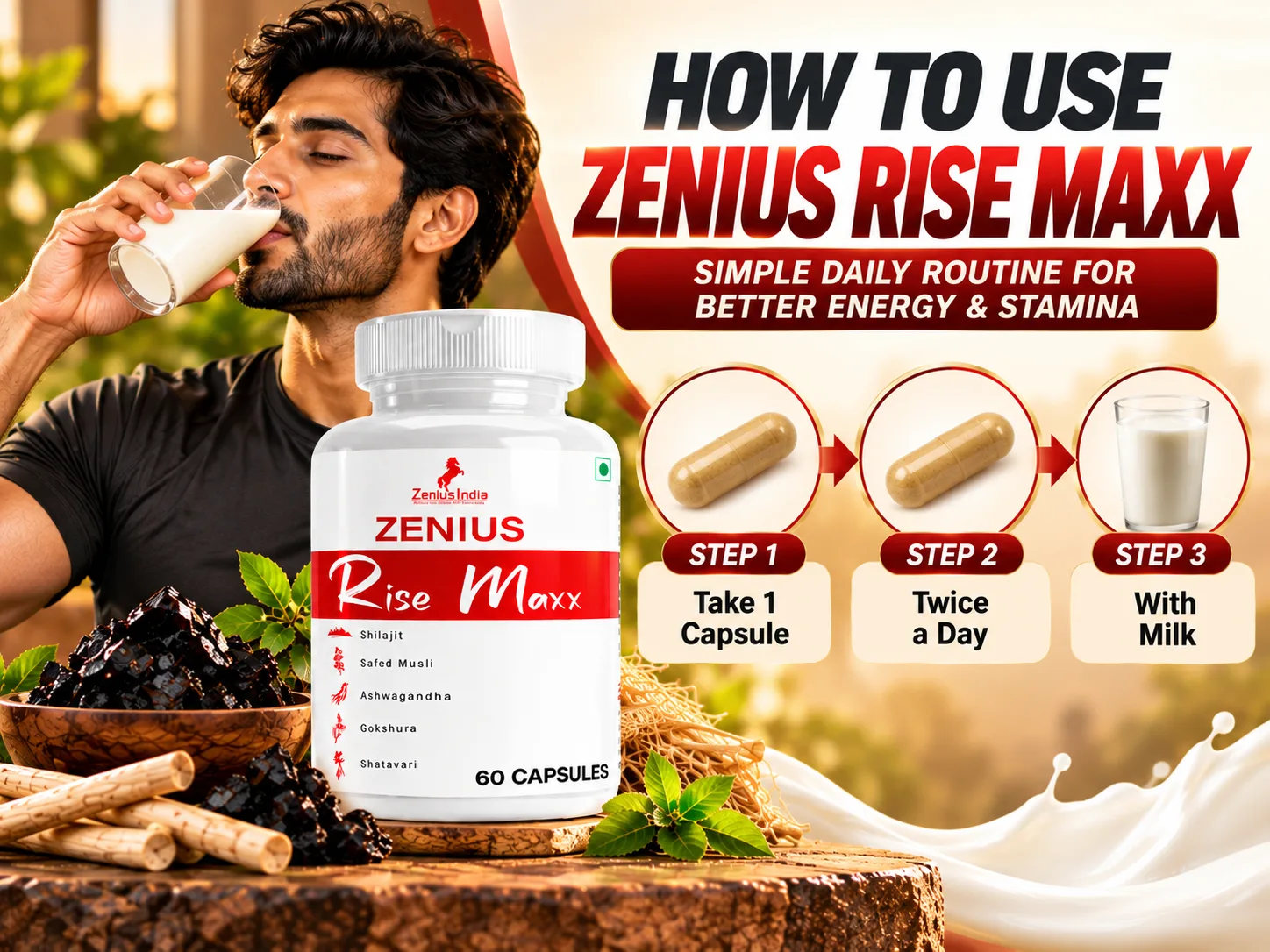 Zenius Rise Maxx Capsule | Ayurvedic Stamina & Energy Booster for Men 5 Zenius Rise Maxx Usage Guide1 Zenius India
