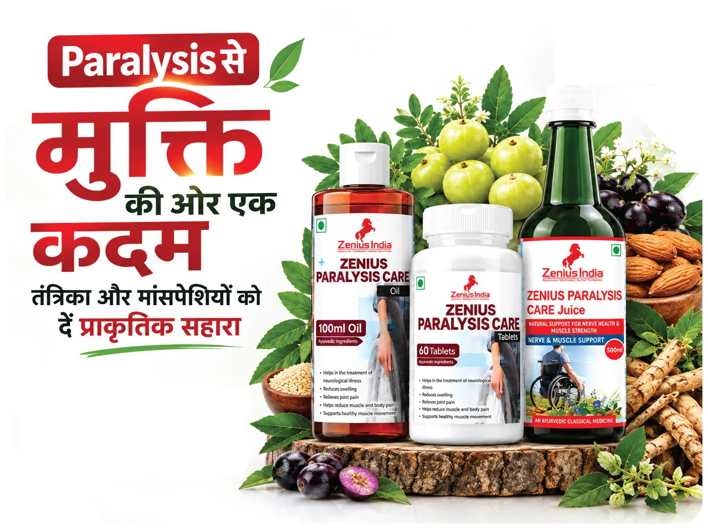 Zenius Complete Paralysis Care Kit (Tablets + Oil + Juice) 3-in-1 Ayurvedic Combo For Paralysis, Sciatica & Osteoarthritis Recovery | Helps In Numbness, Stiffness, Joint Pain, Muscle Weakness & Mobility Recovery 4 1 1 1 Zenius India