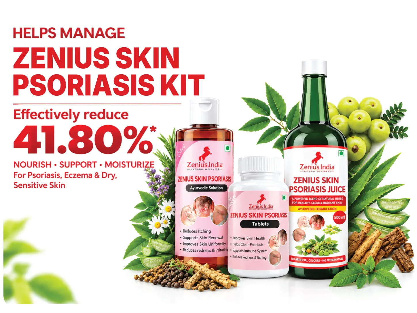 Zenius Skin Psoriasis & Eczema Relief Kit For Body & Scalp | Steroid-Free 3-in-1 Ayurvedic Combo (Oil + Tablets + Juice) | Helps With Dryness, Redness, Itching, Flaky Skin & Irritation 4 1 1 Zenius India