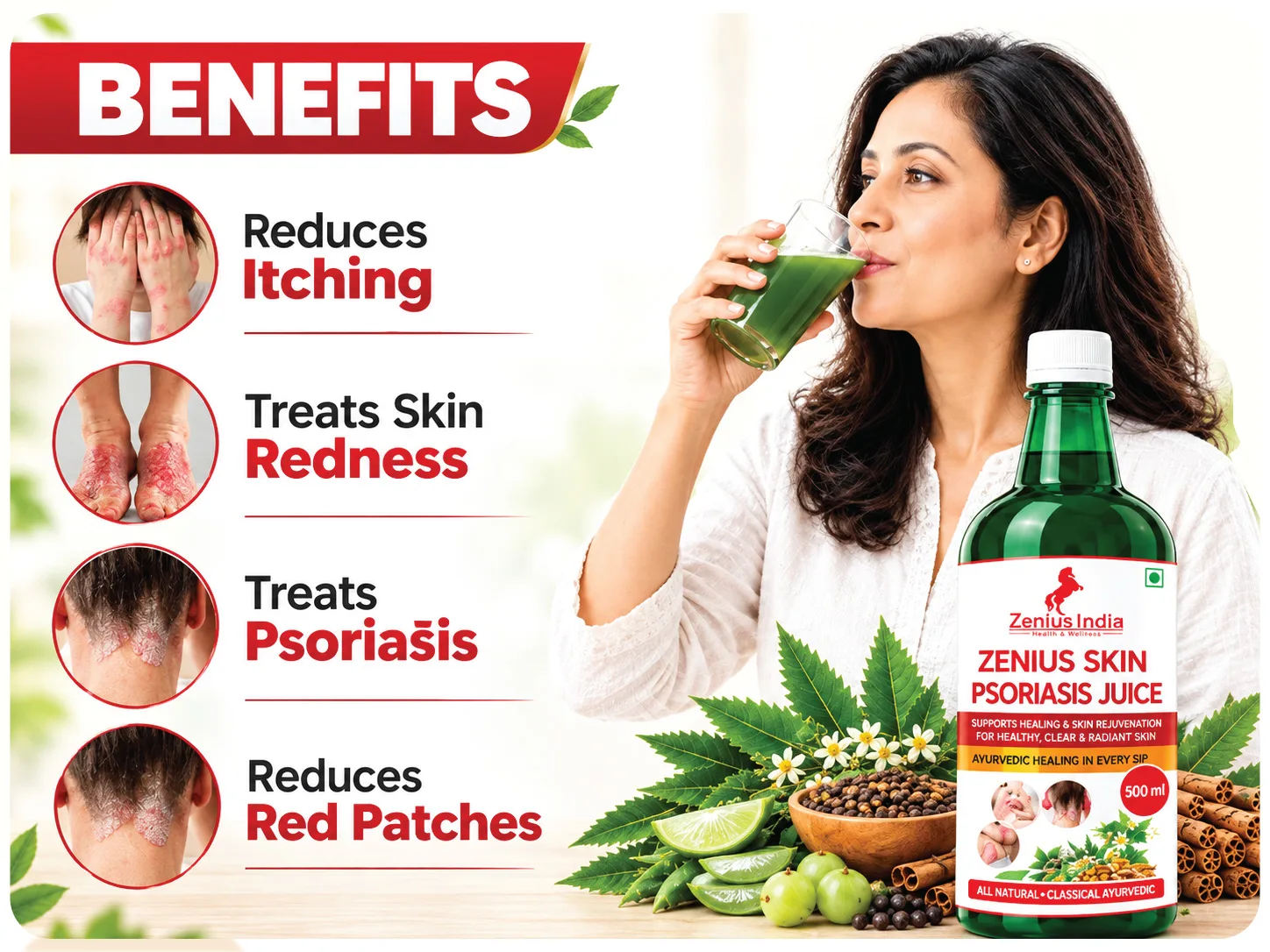 Zenius Skin Psoriasis & Eczema Relief Kit For Body & Scalp | Steroid-Free 3-in-1 Ayurvedic Combo (Oil + Tablets + Juice) | Helps With Dryness, Redness, Itching, Flaky Skin & Irritation 5 2 1 Zenius India
