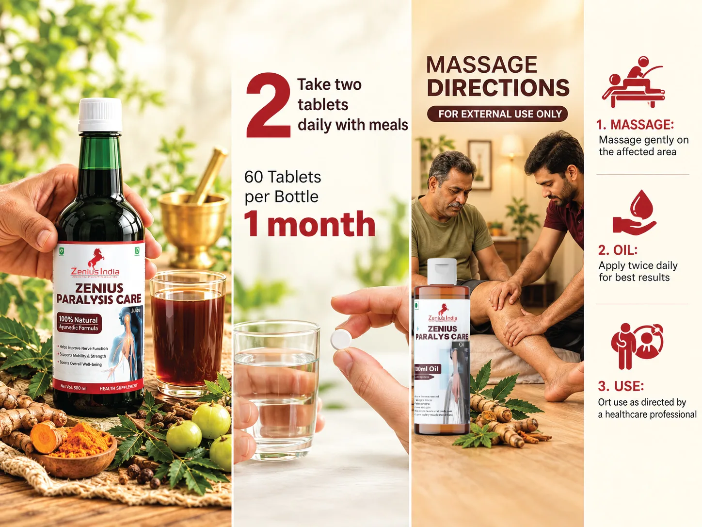 Zenius Complete Paralysis Care Kit (Tablets + Oil + Juice) 3-in-1 Ayurvedic Combo For Paralysis, Sciatica & Osteoarthritis Recovery | Helps In Numbness, Stiffness, Joint Pain, Muscle Weakness & Mobility Recovery 7 4 1 1 Zenius India