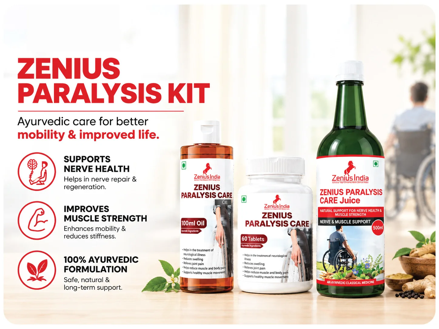 Zenius Complete Paralysis Care Kit (Tablets + Oil + Juice) 3-in-1 Ayurvedic Combo For Paralysis, Sciatica & Osteoarthritis Recovery | Helps In Numbness, Stiffness, Joint Pain, Muscle Weakness & Mobility Recovery 5 6 1 1 Zenius India