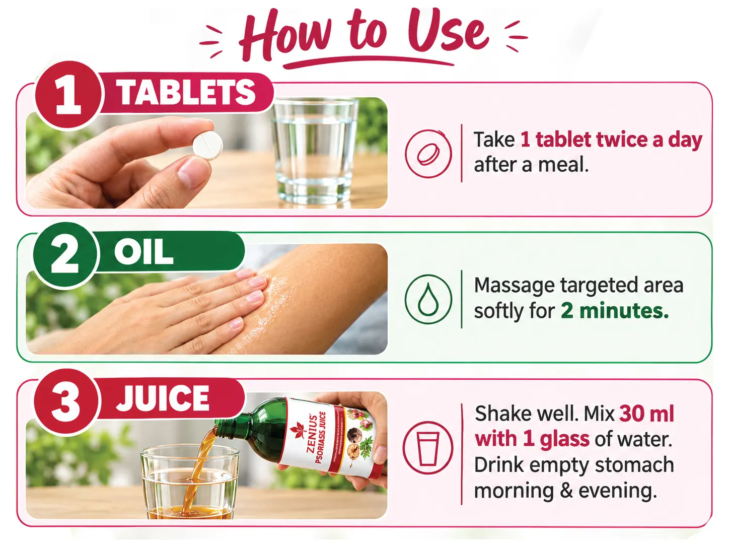 Zenius Skin Psoriasis & Eczema Relief Kit For Body & Scalp | Steroid-Free 3-in-1 Ayurvedic Combo (Oil + Tablets + Juice) | Helps With Dryness, Redness, Itching, Flaky Skin & Irritation 7 6 1 Zenius India