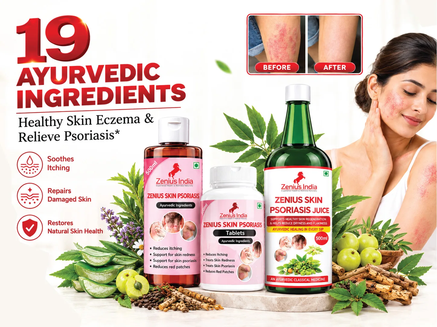 Zenius Skin Psoriasis & Eczema Relief Kit For Body & Scalp | Steroid-Free 3-in-1 Ayurvedic Combo (Oil + Tablets + Juice) | Helps With Dryness, Redness, Itching, Flaky Skin & Irritation 6 8 Zenius India