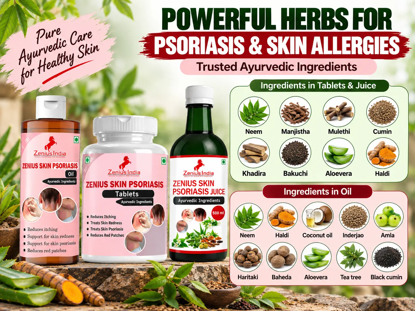 Zenius Skin Psoriasis & Eczema Relief Kit For Body & Scalp | Steroid-Free 3-in-1 Ayurvedic Combo (Oil + Tablets + Juice) | Helps With Dryness, Redness, Itching, Flaky Skin & Irritation 6 Ingredients Banner Mobile View 2 Zenius India