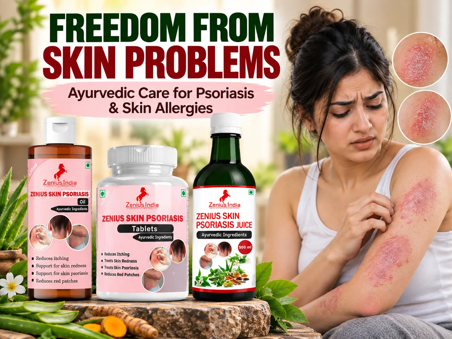 Zenius Skin Psoriasis & Eczema Relief Kit For Body & Scalp | Steroid-Free 3-in-1 Ayurvedic Combo (Oil + Tablets + Juice) | Helps With Dryness, Redness, Itching, Flaky Skin & Irritation 4 Main Banner Mobile View 2 Zenius India