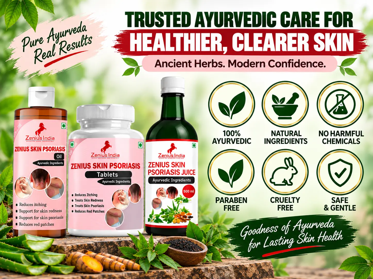 Zenius Skin Psoriasis & Eczema Relief Kit For Body & Scalp | Steroid-Free 3-in-1 Ayurvedic Combo (Oil + Tablets + Juice) | Helps With Dryness, Redness, Itching, Flaky Skin & Irritation 8 Trust Badge Mobile View 2 Zenius India