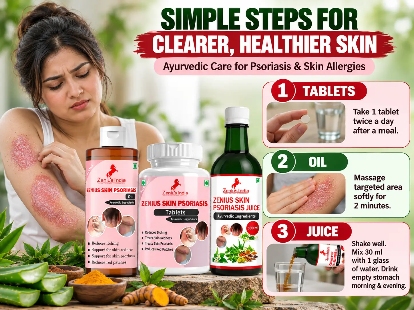 Zenius Skin Psoriasis & Eczema Relief Kit For Body & Scalp | Steroid-Free 3-in-1 Ayurvedic Combo (Oil + Tablets + Juice) | Helps With Dryness, Redness, Itching, Flaky Skin & Irritation 7 Use Banner Mobile View 2 Zenius India